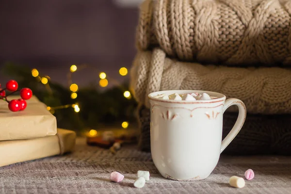 Winter Warming Sweet Drink Hot Chocolate Marshmallows Mug Christmas Holiday — Stock Photo, Image
