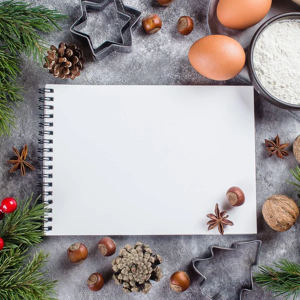 Ingredienti Cucinare Cottura Natale Quaderno Bianco Vuoto Sfondo Grigio Pietra — Foto Stock