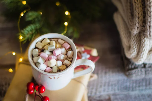 Inverno Que Aquece Bebida Doce Chocolate Quente Com Marshmallows Caneca — Fotografia de Stock