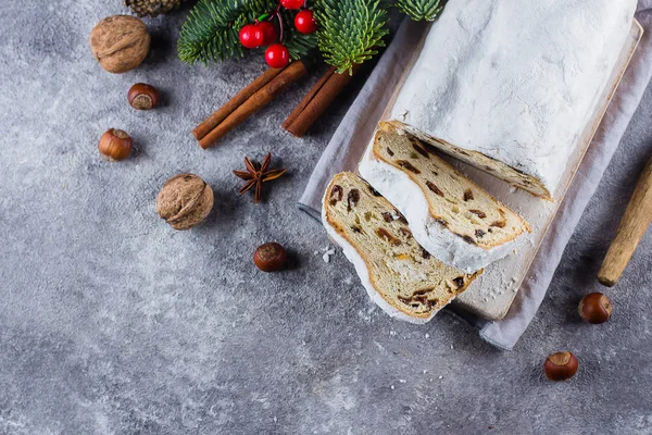 Traditional Christmas Festive Pastry Dessert Festive Decoration Christmas Stollen Wooden — Stock Photo, Image