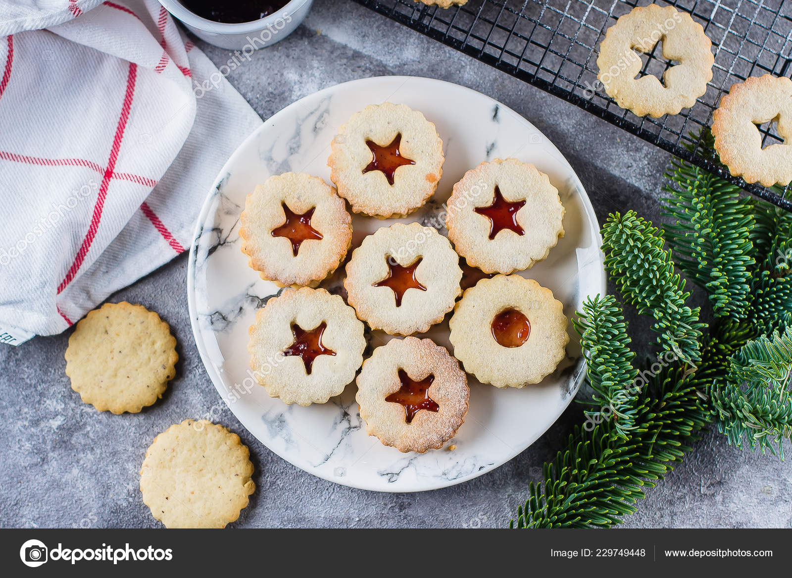 Christmas Linzer Cookies Raspberry Jam Concrete Table Background Traditional Austrian Stock Photo Image By C Anikonaann 229749448
