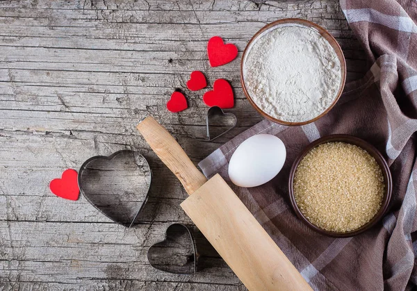 Baking Background Flour Rolling Pin Eggs Heart Shape Dark Kitchen — Stock Photo, Image