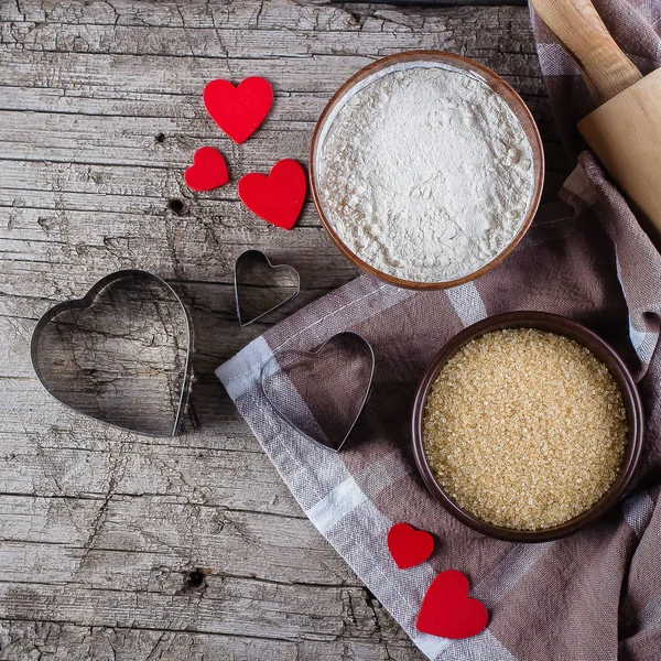 Baking Background Flour Rolling Pin Eggs Heart Shape Dark Kitchen — Stock Photo, Image