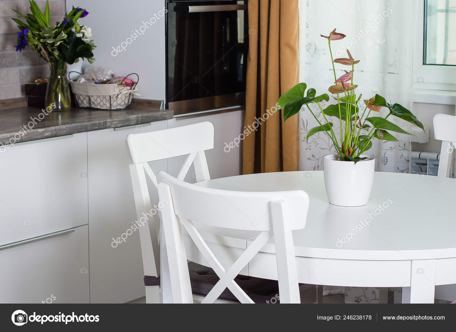 White Dinner Table Chairs Kitchen White Scandinavian Interior Flower Plant Stock Photo Anikonaann 246238178