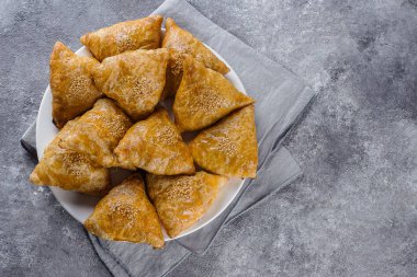 Lezzetli samosas samsa etli gri arka plan, üstten görünüm ile plaka. Özbek gıda
