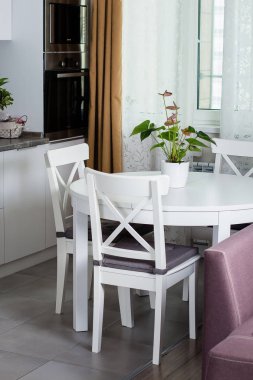 Beyaz yuvarlak yemek masası sandalye mutfak ile. Beyaz İskandinav iç. Çiçek bitki yemek masası üzerinde