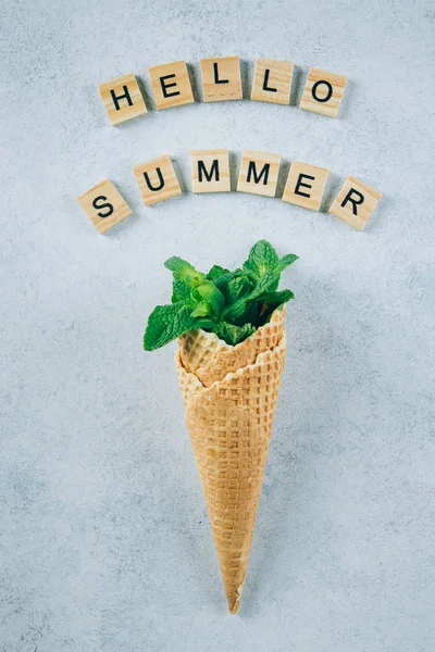 Hallo Sommerkarte. kreatives Eis mit Minzblättern auf blauem Hintergrund. Holzbuchstaben Wörter hallo Sommer. Draufsicht, flache Lage. — Stockfoto