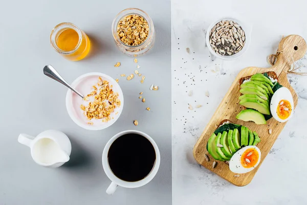 Concepto de desayuno saludable. Sandwich con aguacate y huevos cocidos, yogur con granola, taza de café sobre fondo elegante de dos colores, vista superior, puesta plana. Salud, pérdida de peso, vegetariano, alimentos dietéticos c — Foto de Stock