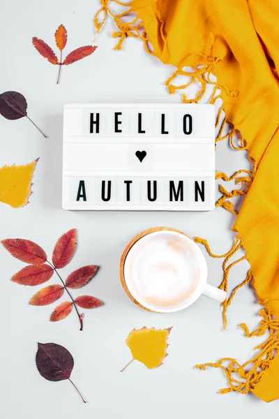 一杯咖啡 橘红色的稻草和轻便的盒子与文字你好秋天和五彩缤纷的秋天落叶灰色背景 平躺在床上 — 图库照片