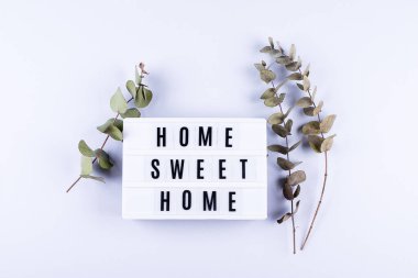 Home Sweet Home Metin Işık Harfleri Üst Görünüm Düz Yatay Okaliptüs çiçekli gri arkaplan