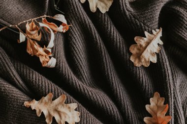 Kuru meşe yaprakları, sonbaharın zarafetini temsil eden dokulu, koyu kumaşın üzerinde dinleniyor. Sıcak ve narin tonlarda mevsimsel ve rahat bir atmosfer yaratıyor..