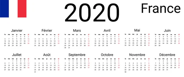 ปฏิทินฝรั่งเศส 2020 รูปแบบการออกแบบเวกเตอร์เริ่มตั้งแต่วันจันทร์ ตลอดทั้งเดือนสําหรับปฏิทินติดผนัง — ภาพเวกเตอร์สต็อก