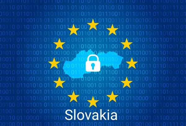 Karte der Slowakei, mit Schloss und Binärcode im Hintergrund. Internetblockade, Virenbefall, Schutz der Privatsphäre. Vektor — Stockvektor