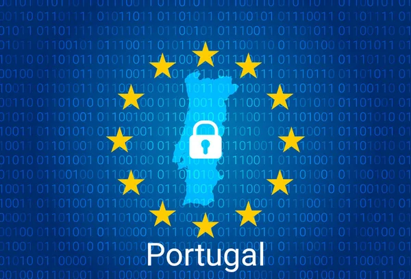 Portugália térképe, zárral és bináris kódháttérrel. Európa szakszervezet internetes blokkolása, vírustámadás, magánélet védelme. vektor — Stock Vector