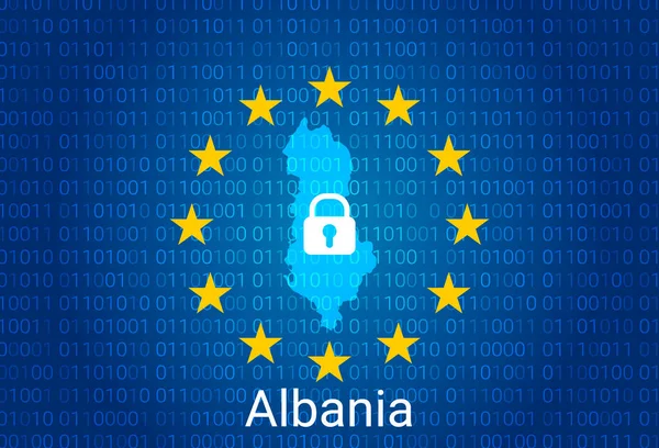Carte de Albanie, avec verrou et fond de code binaire. europe union internet blocage, attaque de virus, protection de la vie privée. vecteur — Image vectorielle