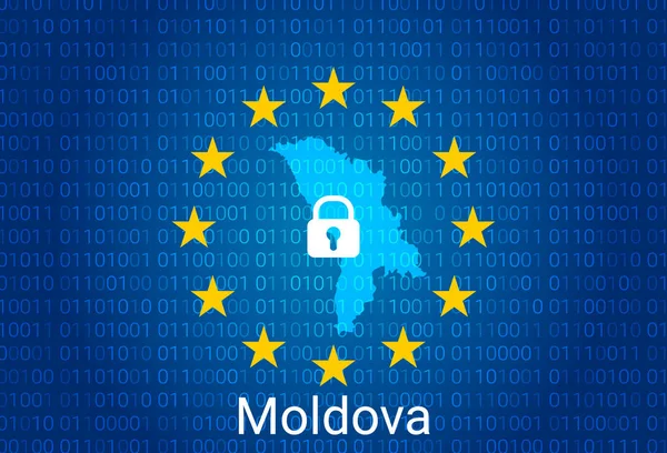 Moldova térképe, zárral és bináris kódháttérrel. Európa szakszervezet internetes blokkolása, vírustámadás, magánélet védelme. vektor — Stock Vector