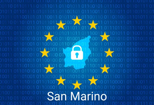 Karte von San Marino, mit Schloss und binärem Code Hintergrund. Internetblockade, Virenbefall, Schutz der Privatsphäre. Vektor — Stockvektor