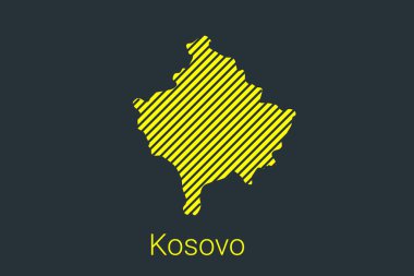 Kosova haritası, koronavirüs bilgi grafikleri ve karantina alanı işaretleyicileri ve kısıtlamaları için sarı arka planda siyah şeritli bir harita. vektör illüstrasyonu