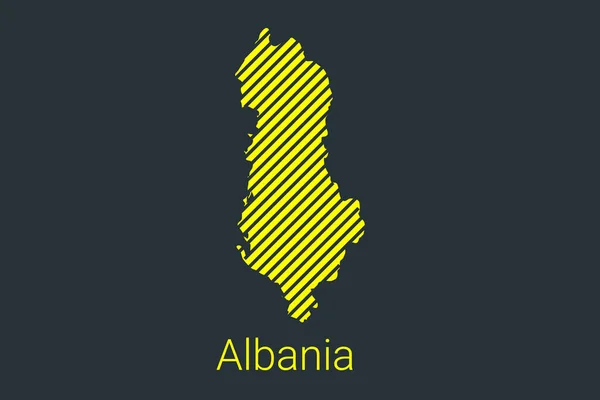 アルバニア地図 黄色の背景の黒い帯の縞模様の地図コロナウイルスのインフォグラフィックと隔離地域のマーカーと制限 ベクターイラスト — ストックベクタ
