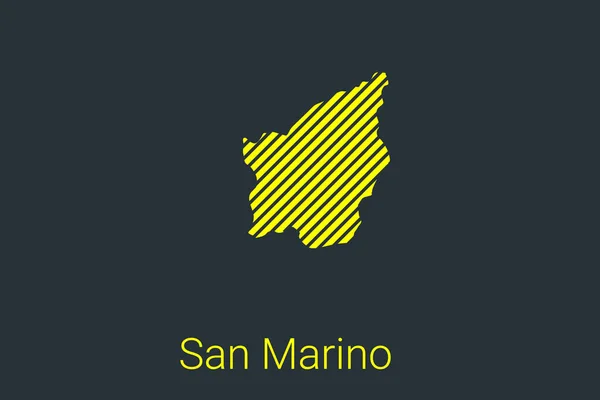 Landkarte von San Marino, gestreifte Landkarte in einem schwarzen Streifen auf gelbem Hintergrund für Coronavirus-Infografiken und Markierungen und Beschränkungen von Quarantänegebieten. Vektor — Stockvektor