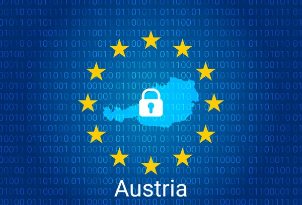 Ausztria térképe, zárral és bináris kódháttérrel. Európa szakszervezet internetes blokkolása, vírustámadás, magánélet védelme. vektor — Stock Vector