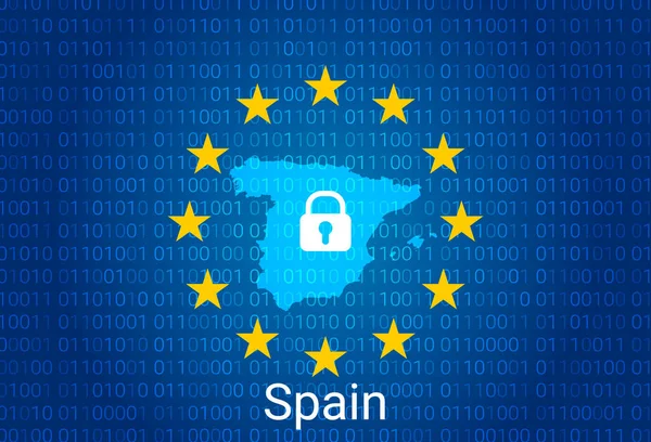 Carte de Espagne, avec verrou et fond de code binaire. europe union internet blocage, attaque de virus, protection de la vie privée. vecteur — Image vectorielle