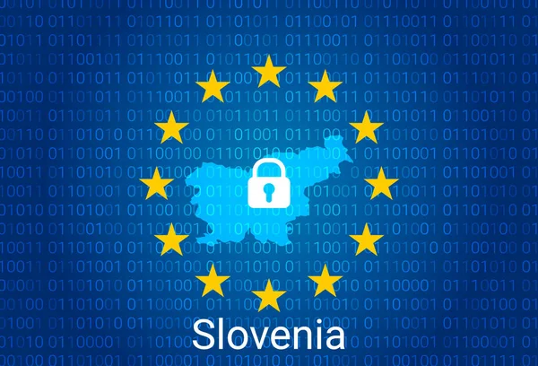 Szlovénia térképe, zárral és bináris kódháttérrel. Európa szakszervezet internetes blokkolása, vírustámadás, magánélet védelme. vektor — Stock Vector