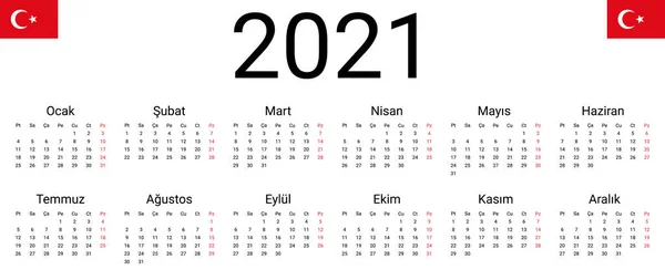 Turkije 2021 kalender. Vector ontwerp template start vanaf maandag. Alle maanden voor muurkalender — Stockvector