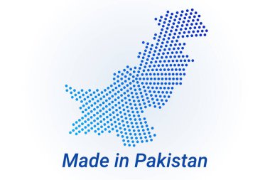 Pakistan 'ın harita simgesi. Pakistan yapımı metinli vektör logosu illüstrasyonu. Mavi yarım tonlu noktalar arka plan. Yuvarlak pikseller. Modern dijital grafik tasarımı.