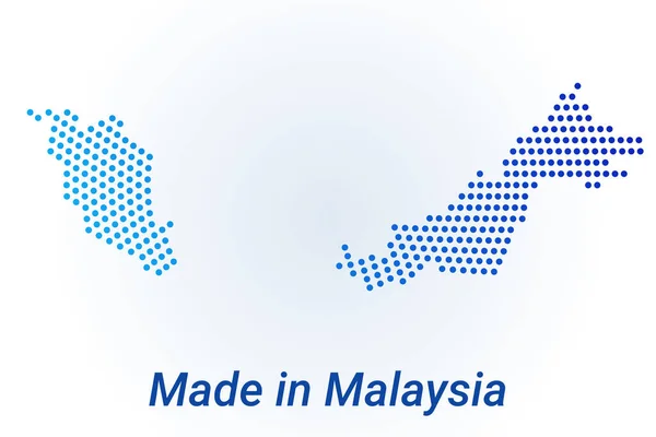 Karta över Malaysia. Vektor logotyp illustration med text Tillverkad i Malaysia. Blå halvton prickar bakgrund. Runda pixlar. Modern digital grafisk design. — Stock vektor