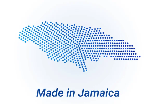 Karta ikon över Jamaica. Vektor logotyp illustration med text Made in Jamaica. Blå halvton prickar bakgrund. Runda pixlar. Modern digital grafisk design. — Stock vektor