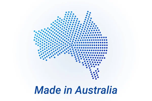 Karta ikon över Australien. Vektor logotyp illustration med text Tillverkad i Australien. Blå halvton prickar bakgrund. Runda pixlar. Modern digital grafisk design. — Stock vektor