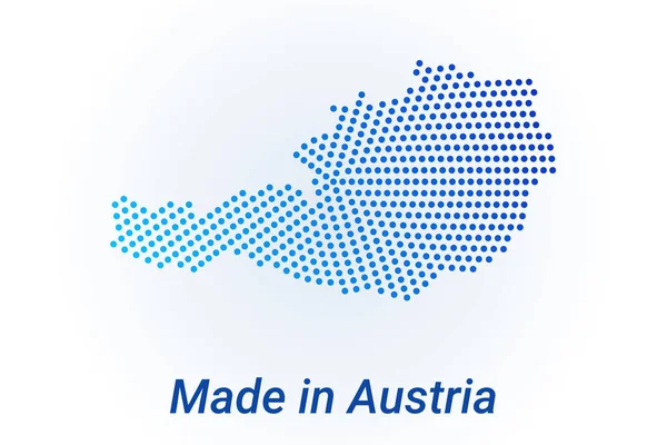 Икона карты Австрии. Векторная иллюстрация логотипа с текстом Made in Austria. Голубая галочка на фоне одной точки. Круглые пиксели. Современный цифровой дизайн. — стоковый вектор