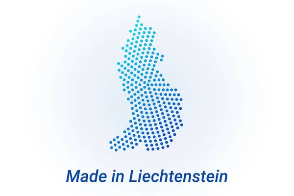 Liechtenstein 'in harita simgesi. Lihtenştayn 'da yapılmış metinli vektör logosu illüstrasyonu. Mavi yarım tonlu noktalar arka plan. Yuvarlak pikseller. Modern dijital grafik tasarımı — Stok Vektör