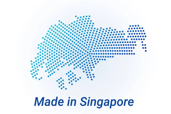 Karta över Singapore. Vektor logo illustration med text Tillverkad i Singapore. Blå halvton prickar bakgrund. Runda pixlar. Modern digital grafisk design — Stock vektor