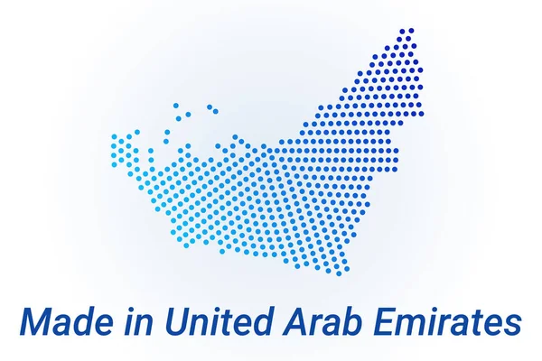 Ikona Zjednoczonych Emiratów Arabskich. Ilustracja logo wektora z tekstem Made in United Arab Emirates. Niebieski półton kropki tła. Okrągłe piksele. Nowoczesny cyfrowy projekt graficzny — Wektor stockowy