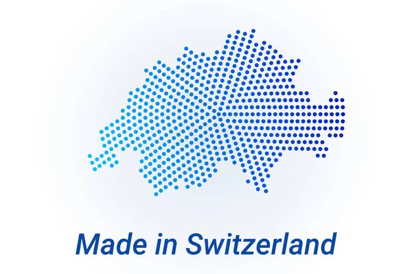 Mappa icona della Svizzera. Illustrazione del logo vettoriale con testo Made in Switzerland. Sfondo punti mezzitoni blu. Pixel rotondi. Design grafico digitale moderno. — Vettoriale Stock