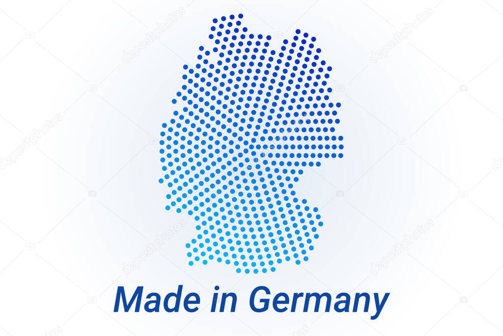 Map icon of Germany. Vector logo illustration with text Made in Germany. Blue halftone dots background. Round pixels. Modern digital graphic design. Light white backdrop