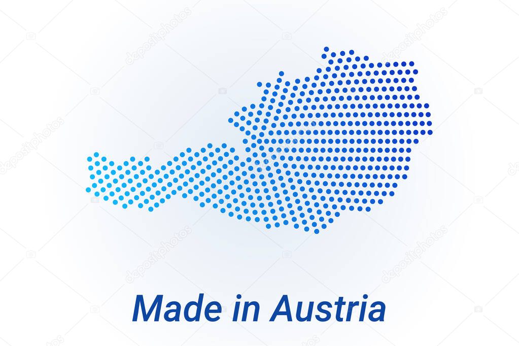 Map icon of Austria. Vector logo illustration with text Made in Austria. Blue halftone dots background. Round pixels. Modern digital graphic design.