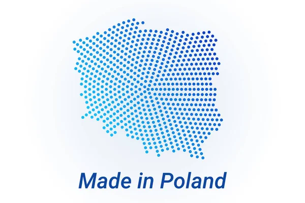 Polonya 'nın harita simgesi. Polonya yapımı metinli vektör logosu illüstrasyonu. Mavi yarım tonlu noktalar arka plan. Yuvarlak pikseller. Modern dijital grafik tasarımı. Açık beyaz arkaplan