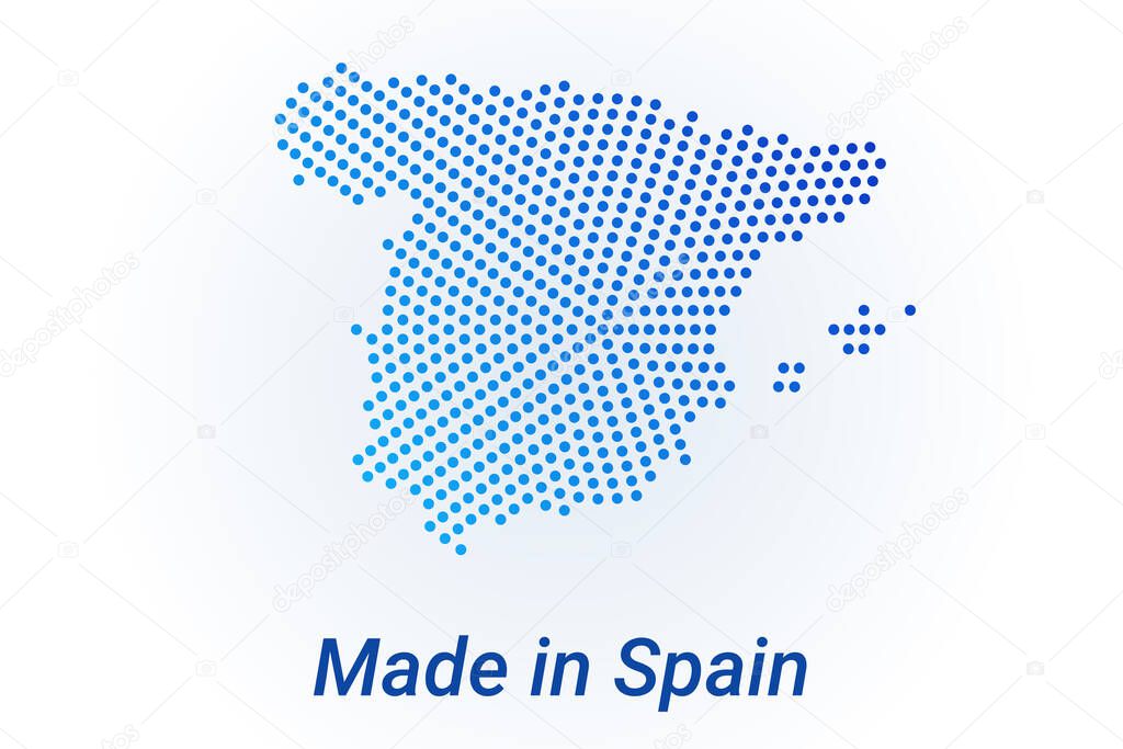 Map icon of Spain. Vector logo illustration with text Made in Spain. Blue halftone dots background. Round pixels. Modern digital graphic design. Light white backdrop