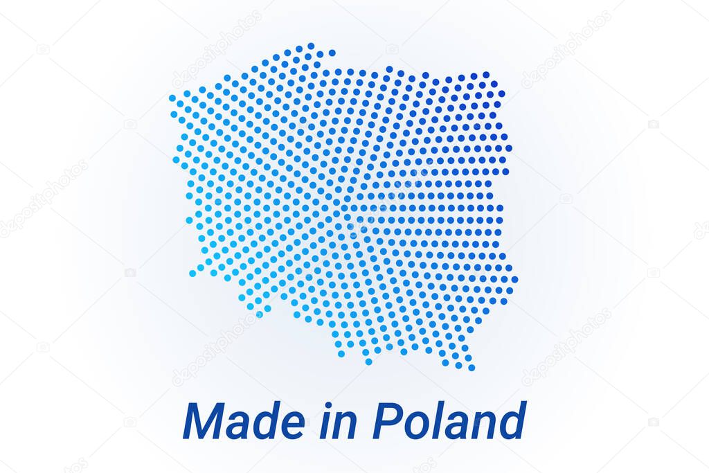 Map icon of Poland. Vector logo illustration with text Made in Poland. Blue halftone dots background. Round pixels. Modern digital graphic design. Light white backdrop