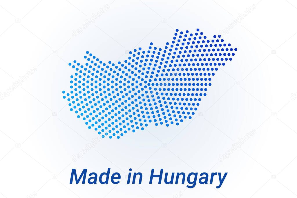 Map icon of Hungary. Vector logo illustration with text Made in Hungary. Blue halftone dots background. Round pixels. Modern digital graphic design. Light white backdrop