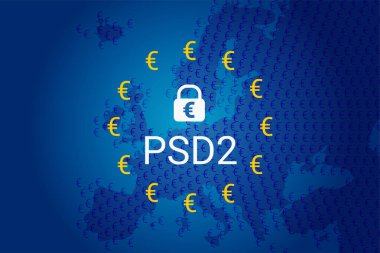 PSD2 - Ödeme hizmetleri direktifi. Vektör arkaplanı. Mavi AB bayrağı ve haritası