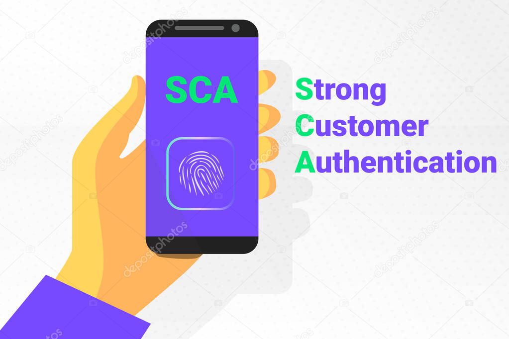 SCA - Strong Customer Authentication. Vector illustration. secret identification by fingerprint on the phone