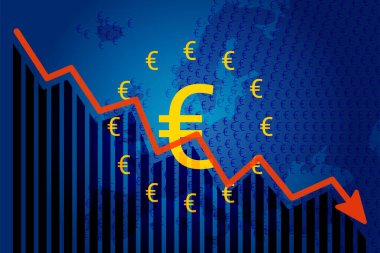 Avro döviz kuru düşüyor. Avrupa Birliği 'nin Avrupa simgesi - AB bayrağı. Avrupa haritası geçmişi. Vektör illüstrasyonu