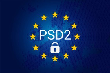 PSD2 - Ödeme hizmetleri direktifi. Vektör arkaplanı. Mavi AB bayrağı ve haritası