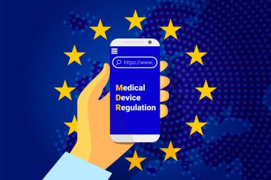 Medikal Cihaz Yönetmeliği. AB-Avrupa Birliği 'nin insan kullanımı için tıbbi araçların klinik araştırılması ve satışıyla ilgili düzenlemeleri. Vektör illüstrasyonu