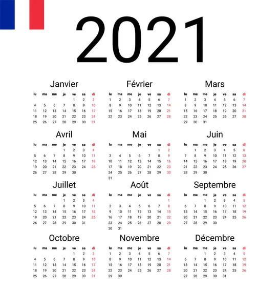 Franse Kalender 2021 Vector Ontwerp Template Start Vanaf Maandag Volledige — Stockvector