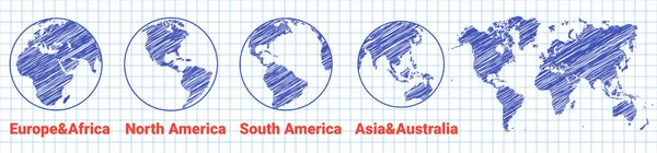 Dünya Ikonu Çizildi Eskiz Dünyası Haritası Asya Küresi Avustralya Avrupa — Stok Vektör